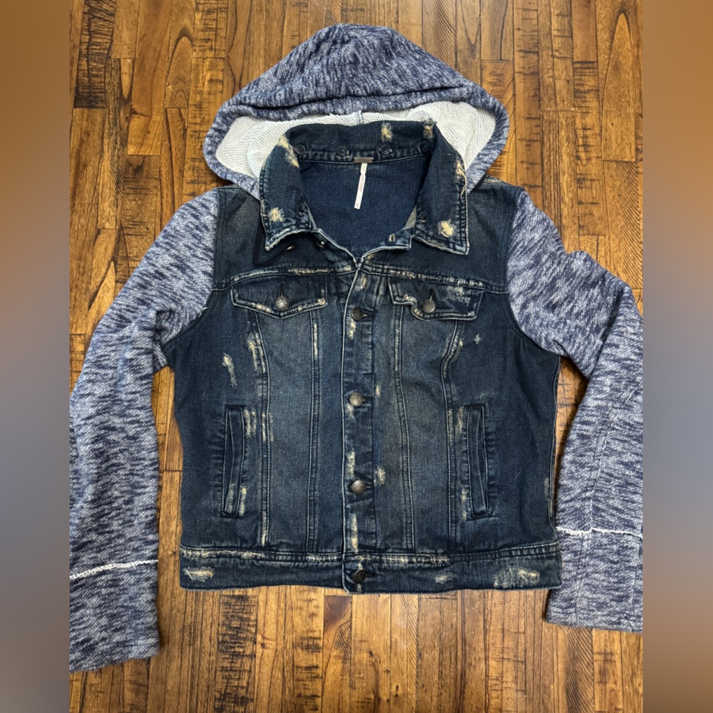 Free People Blue Jean Jacket with Gray Sleeves